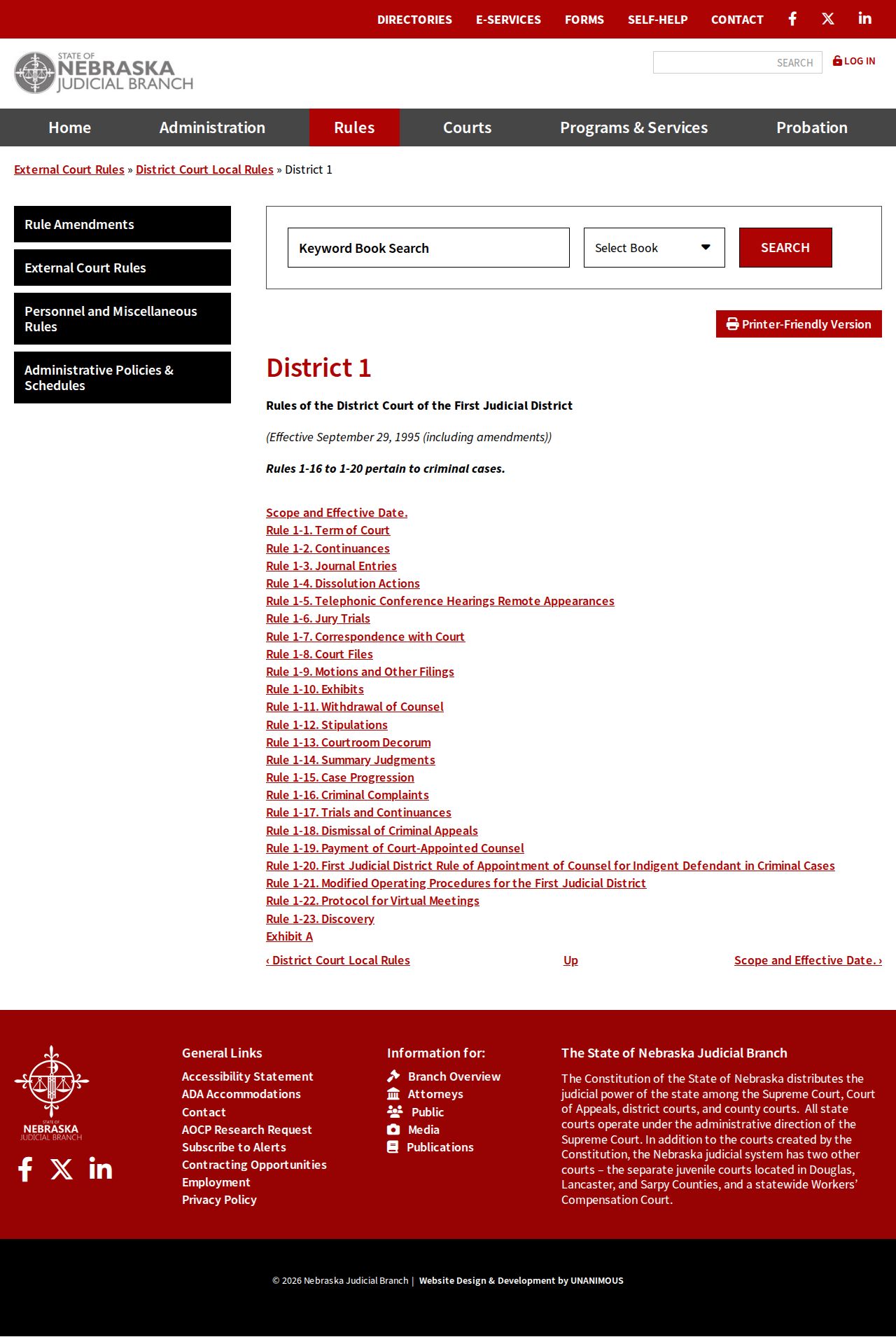 Thayer County court calendar First Judicial District rules