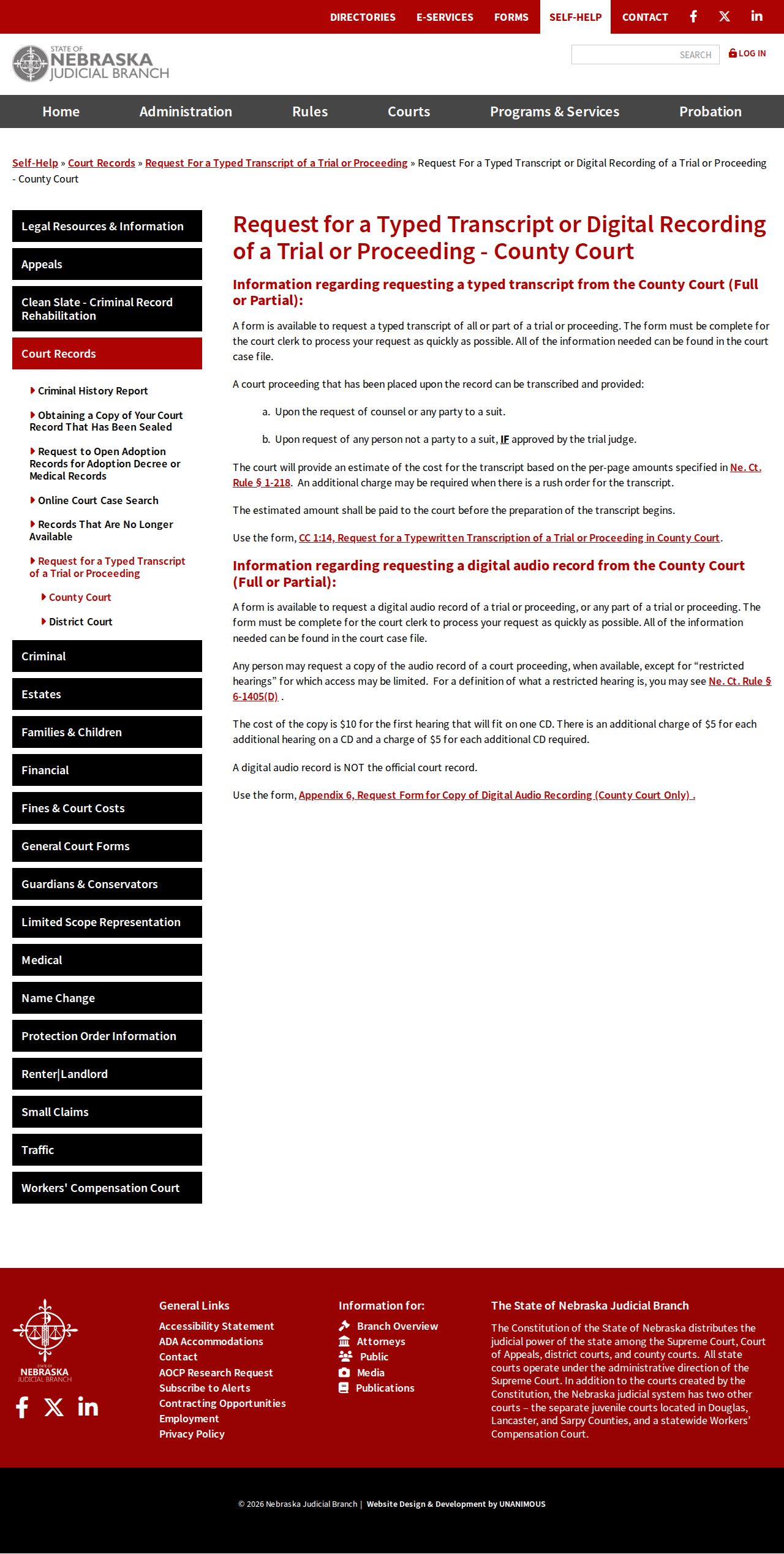 Thayer County court records county court transcript request
